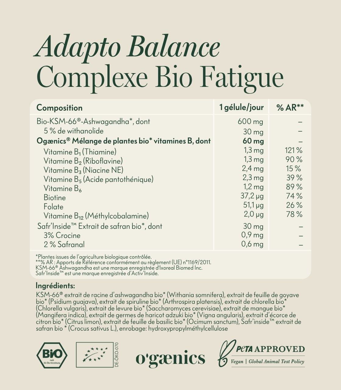 PDP-images détaillées-Adapto-Balance-Complexe Fatigue-Tableau des nutriments